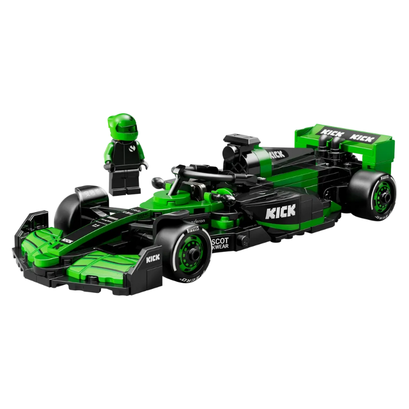 Toy Formula 1 car with a driver figure on a white background