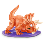 Toy dinosaur figure on a purple base with a white background