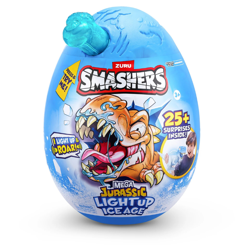 Toy egg packaging with dinosaur illustration and Zuru Smashers branding on a white background