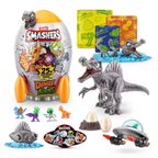 Toy set with dinosaur figures, packaging, and accessories on a white background