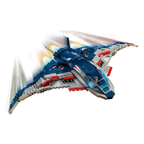 Toy spaceship model with blue and gray colors on a white background