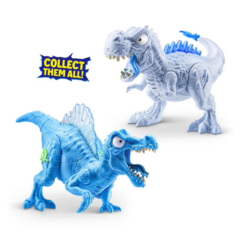 Two toy dinosaurs, one blue and one gray, on a white background with 'Collect Them All!' text.