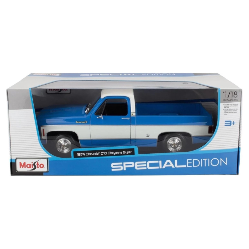 Maisto - 1:18 (1974) Blue/White Chevrolet C10 Cheyenne Super Diecast Model Car