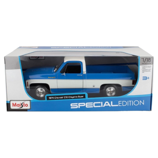 Maisto - 1:18 (1974) Blue/White Chevrolet C10 Cheyenne Super Diecast Model Car