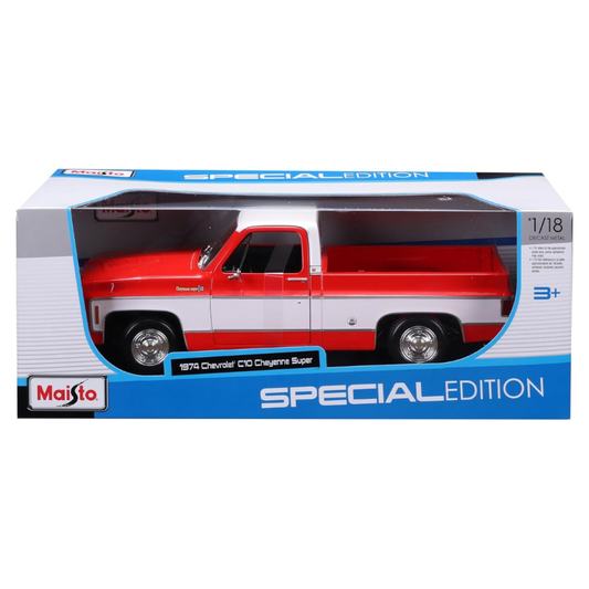 Maisto - 1:18 (1974) Red/White Chevrolet C10 Cheyenne Super Diecast Model Car