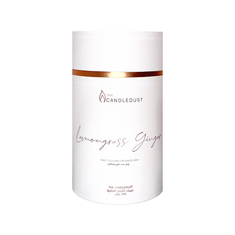 White candle with 'Lemongrass Ginger' text and 'The Candledust' branding on a white background