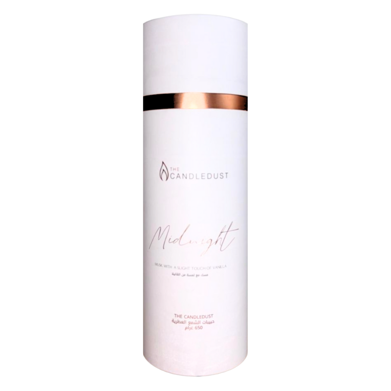 White cylindrical product container with 'Midnight' text and 'Candle Dust' branding on a white background