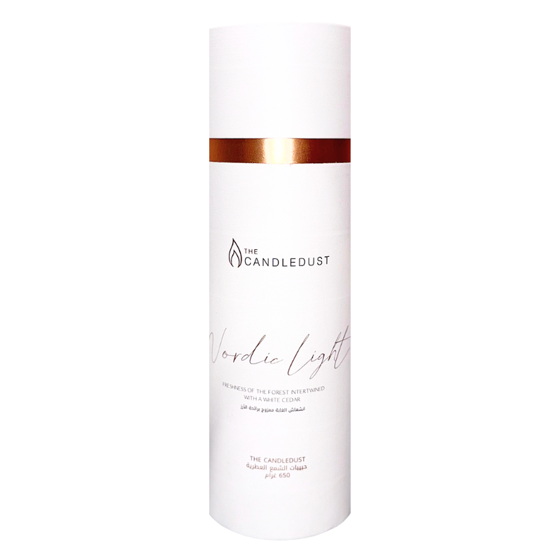White cylindrical product with gold band and 'Candle Dust' branding on a white background