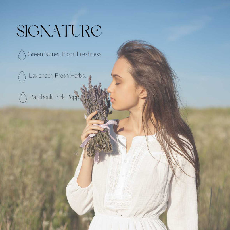 Woman holding lavender in a field with 'Signature' product description text.