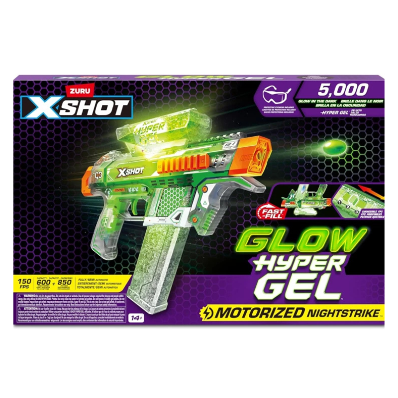 X-Shot Glow Hyper Gel toy gun packaging with green and orange colors on a black and purple background.