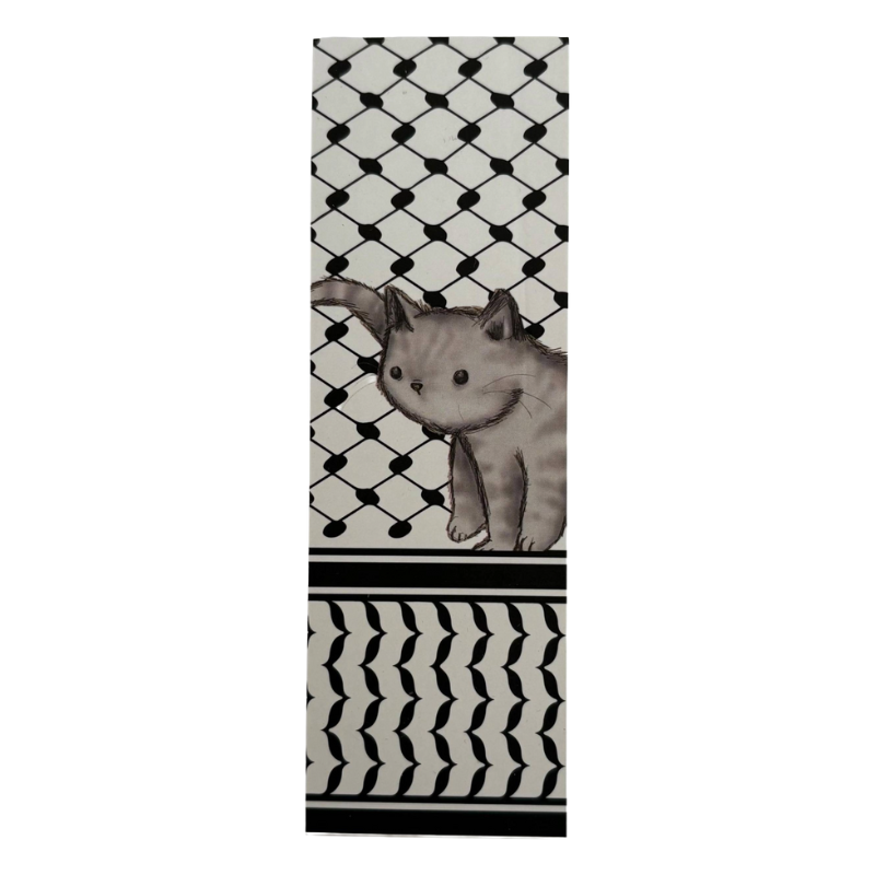 Yoga mat with a black and white pattern and a cat illustration on a white background
