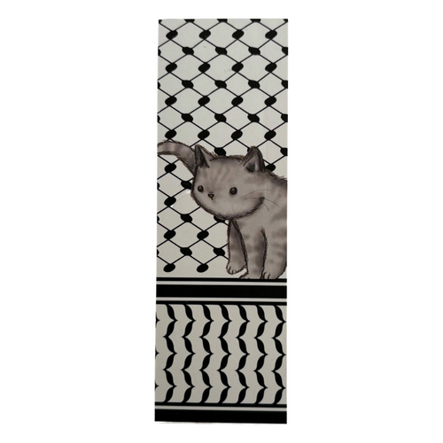 Yoga mat with a black and white pattern and a cat illustration on a white background