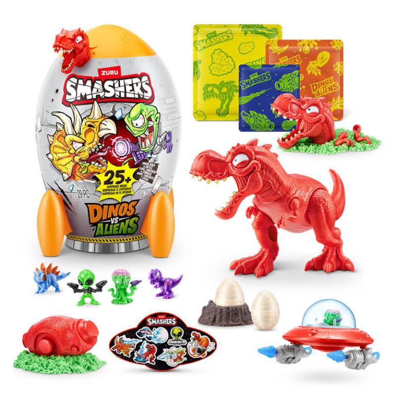 Zuru Smashers dinosaur vs aliens toy set with red dinosaur figure and packaging on a white background
