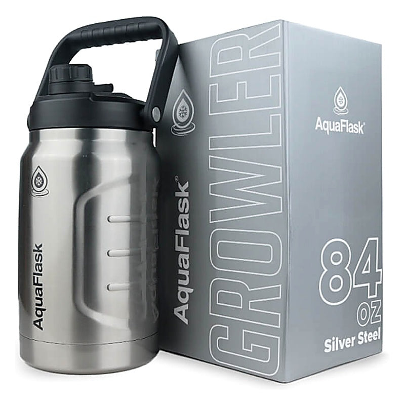 AquaFlask Growler 84oz (2.5L) Insulated Water Jug – Silver Steel