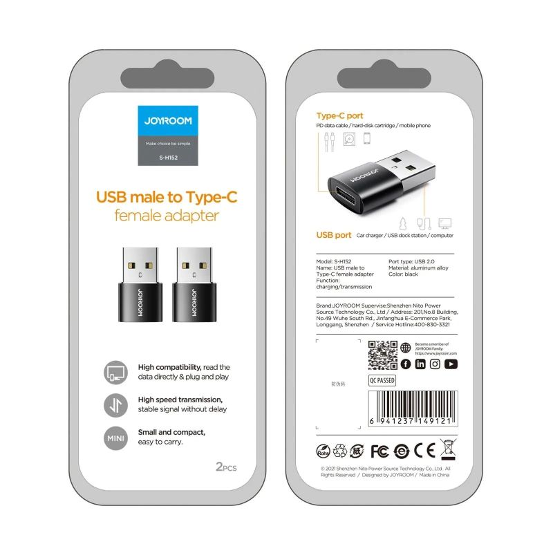 S-H152 USB Male to Type-C Female Adapter-2pcs - Black