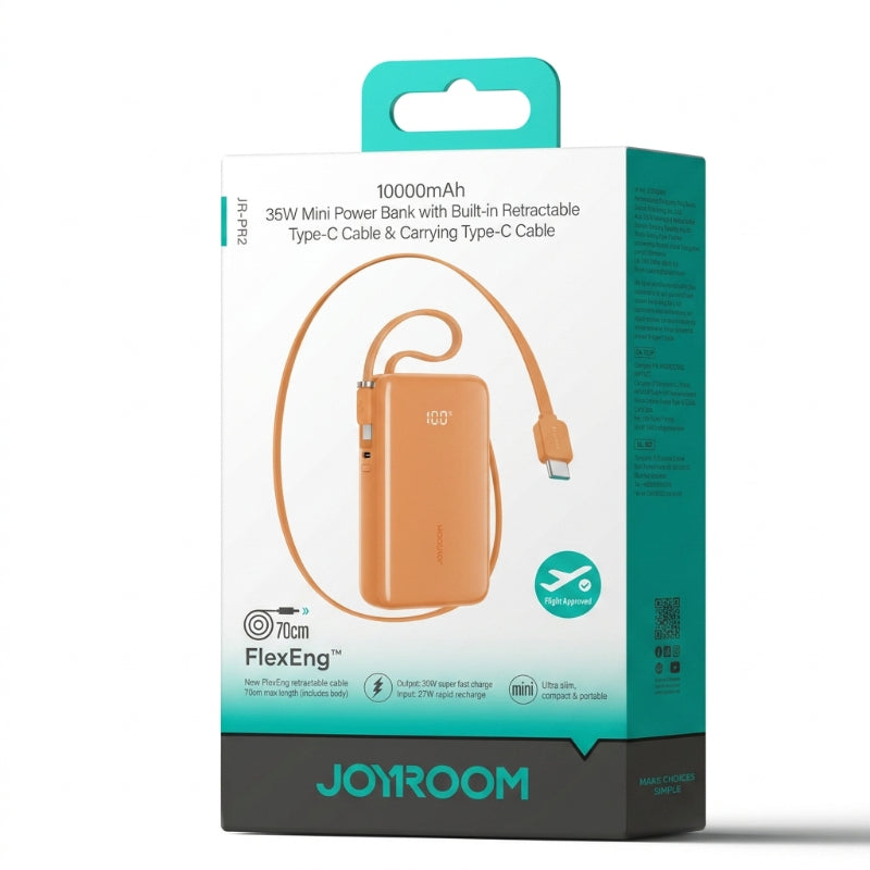 JOYROOM JR-PR2 35W Mini Power Bank with Built-in Retractable Type-C Cable & Carrying Type-C Cable 10000mAh - Orange
