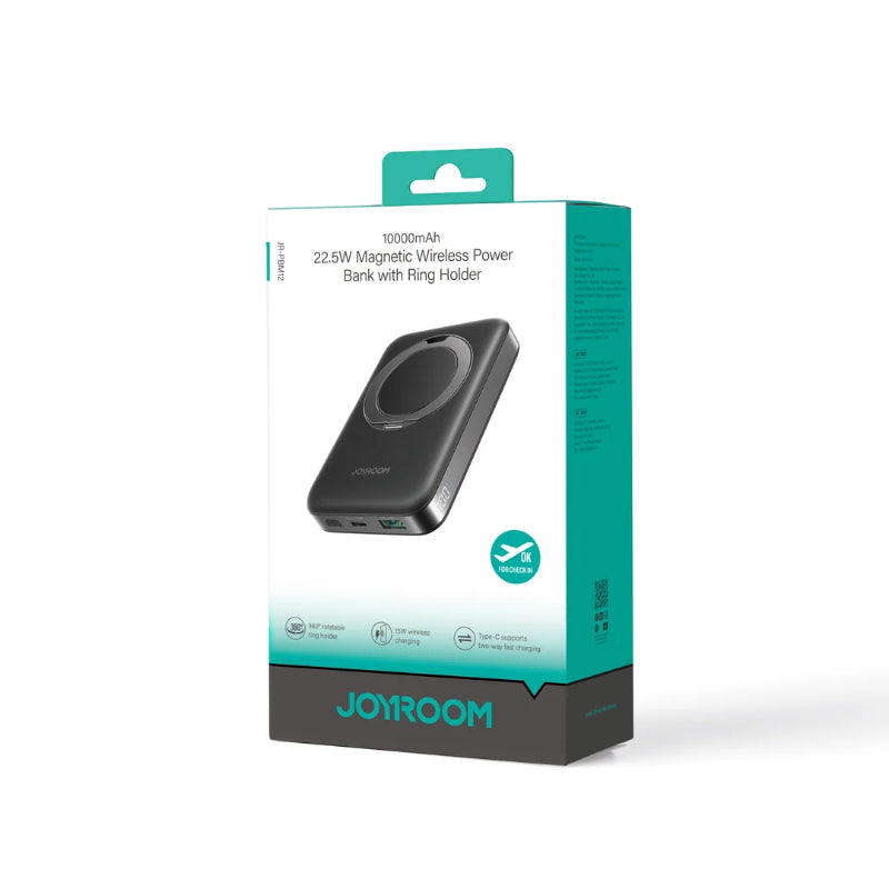 JOYROOM JR-PBM12 22. 5W Magnetic Wireless Power Bank with Ring Holder 10000mAh - Black with Type-C to Type-C 60W 0. 25m Cable - Black
