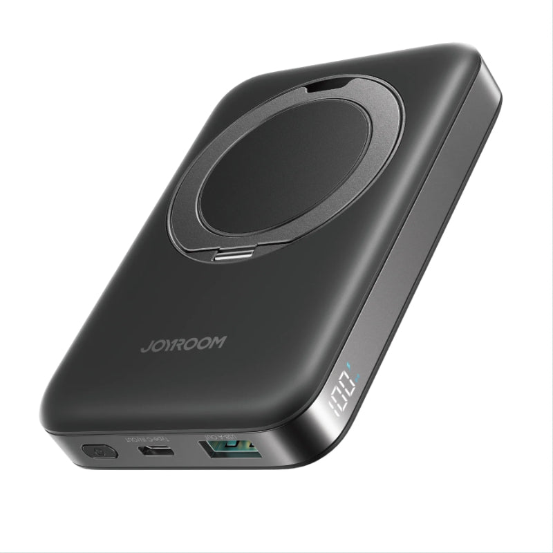 JOYROOM JR-PBM12 22. 5W Magnetic Wireless Power Bank with Ring Holder 10000mAh - Black with Type-C to Type-C 60W 0. 25m Cable - Black