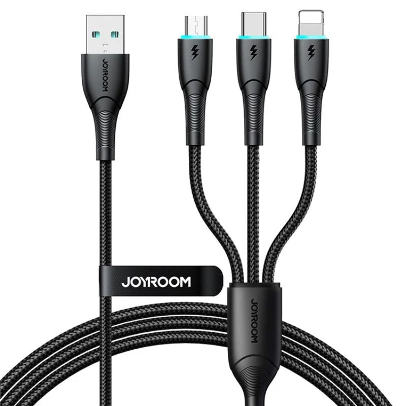 JOYROOM S-A61 Omnigo Series 3. 5A USB-A to Type-C + Lightning + Micro 3-in-1 Charging Cable 1. 2m - Black