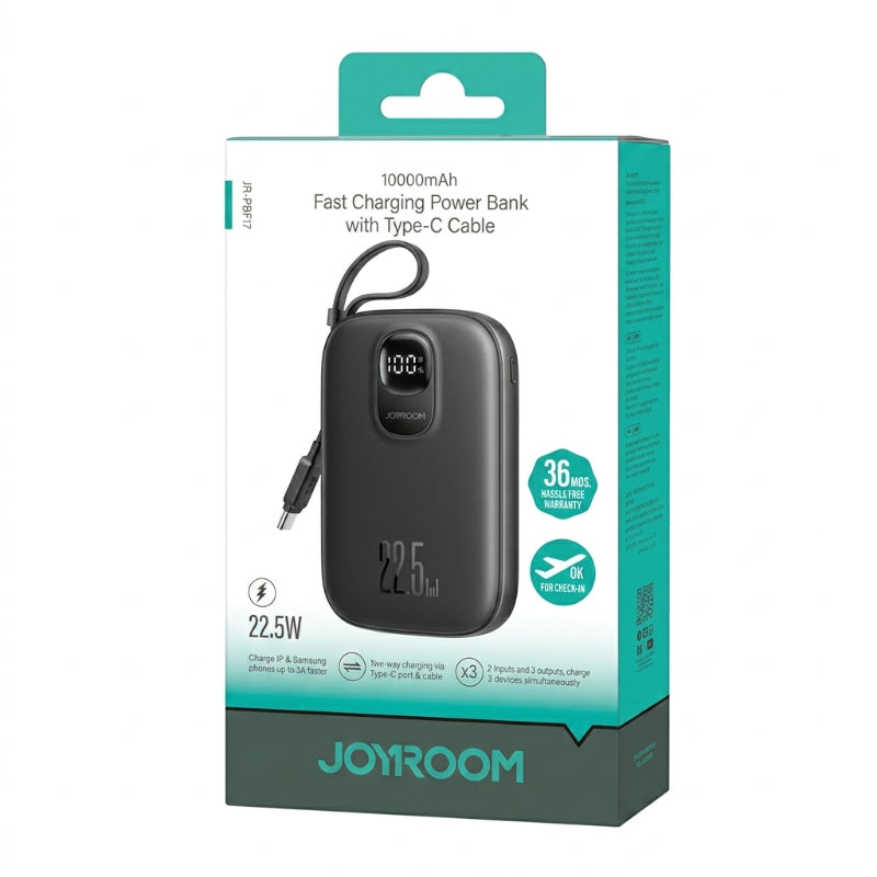 JOYROOM JR-PBF17 22. 5W Fast Charging Power Bank with Type-C Cable 10000mAh - Black (with USB to Type-C Cable 0. 25m - Black)