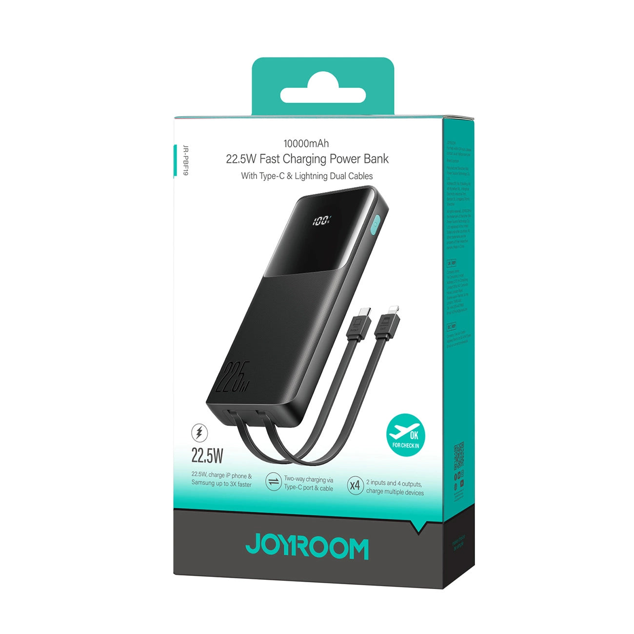 JOYROOM JR-PBF19 22. 5W Mini Power Bank with Dual Cables 10000mAh - Purple with USB-A to Type-C 0. 25m Cable - Black