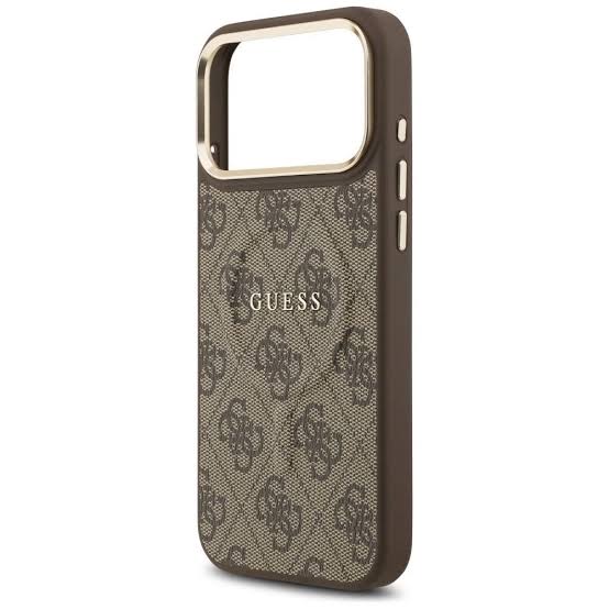 GUESS MAGSAFE 4G PU LEATHER CASE WITH CLASSIC LOGO AND GOLD METAL CAMERA FRAME