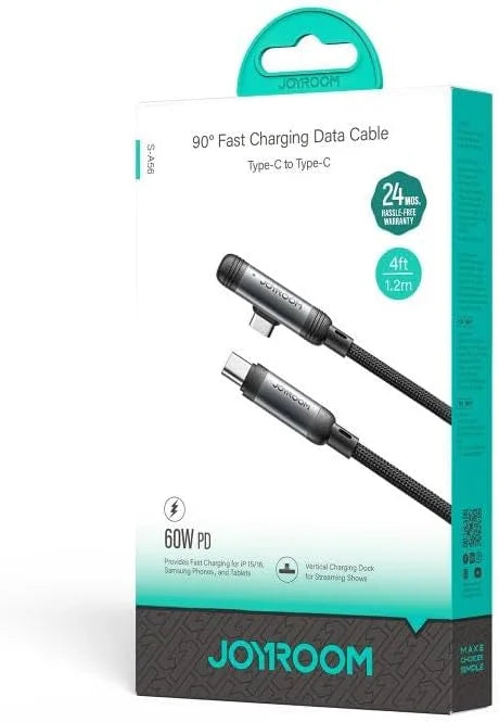 JOYROOM S-A56 Enjoyx Series 90° Fast Charging Data Cable(Type-C to Type-C 60w)1. 2m - Black