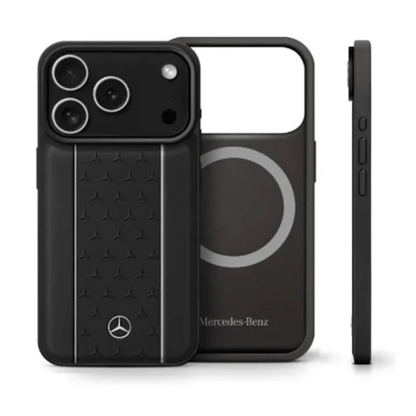 MERCEDES MAGSAFE GENUINE LEATHER CASE STAR PATTERN AND VERTICAL STRPES - BLACK /